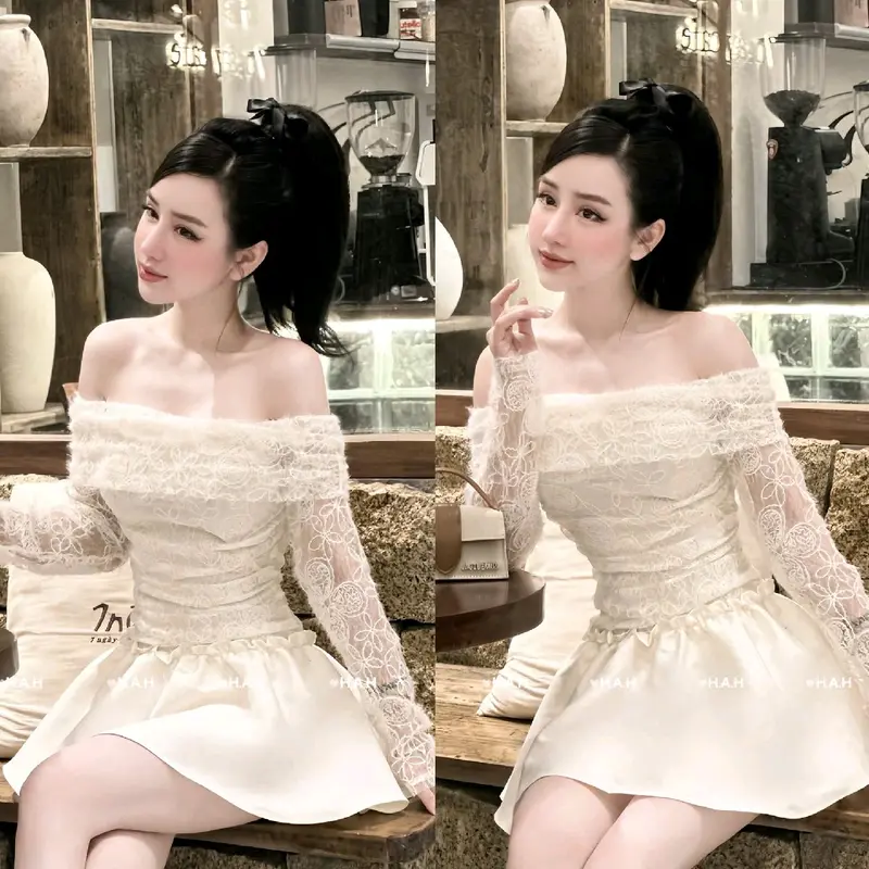 Váy Ren Lưới Trễ Vai Tay Dài Tiểu Thư Siêu Xinh.Hàng Thiết Kế Nữ Women Dress chỉ giặt tay đỏ hồng vaydodonnoel 1
