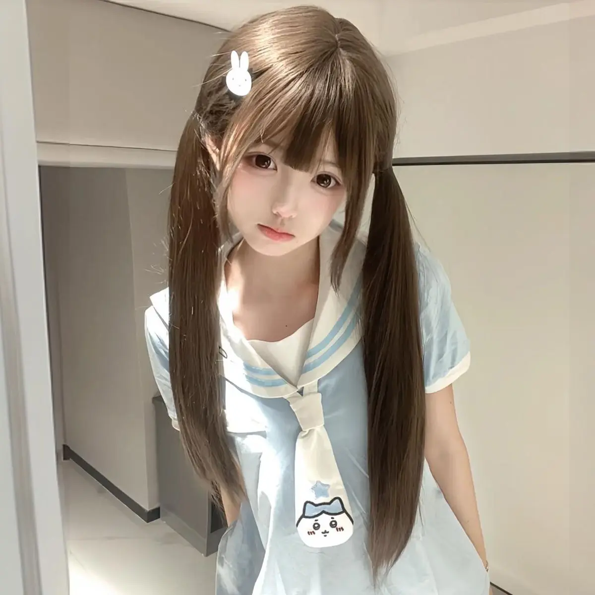 Tóc Giả Trùm Đầu, Dành Cho Nữ, Màu Đen, Thẳng Dài, Phong Cách Lolita, Cô Gái Dễ Thương Shao Luo Tóc Mái Thẳng Màu Nâu, Dài 70cm, Tóc Đuôi Ngựa Đôi, JK, Hoàn Hảo Để Hóa Trang