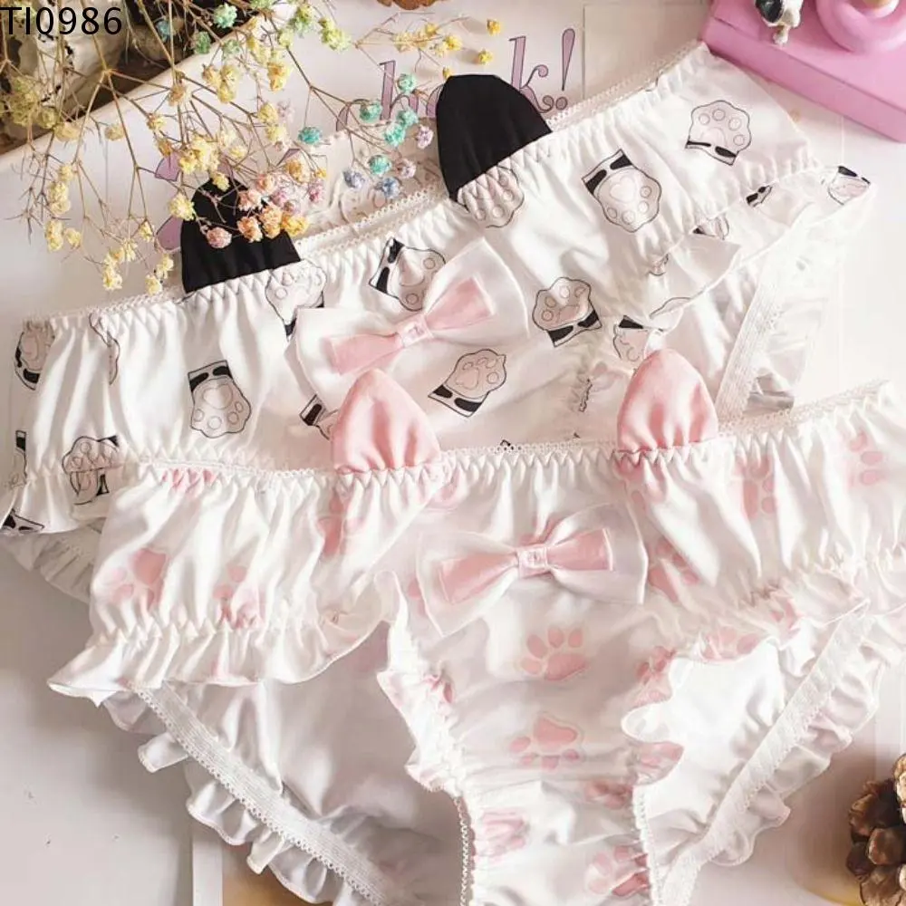 Quần Lót Lụa Sữa, Thiết Kế Xếp Ly Và Thắt Nơ Thoải Mái, Đồ Lót Chân, Quần Lót Tai Mèo Kawaii Cạp Thấp, Quần Lót Vuốt Móng Vuốt Mèo Hoạt Hình Hàn Quốc, Thích Hợp Mặc Hàng Ngày