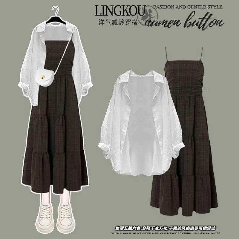Summer Suit Women's 2024 New Western Style Sun Protection Shirt with Fashionable Casual Seedling-Showing Clause Suspender Skirt Two-Piece Set🎈0921