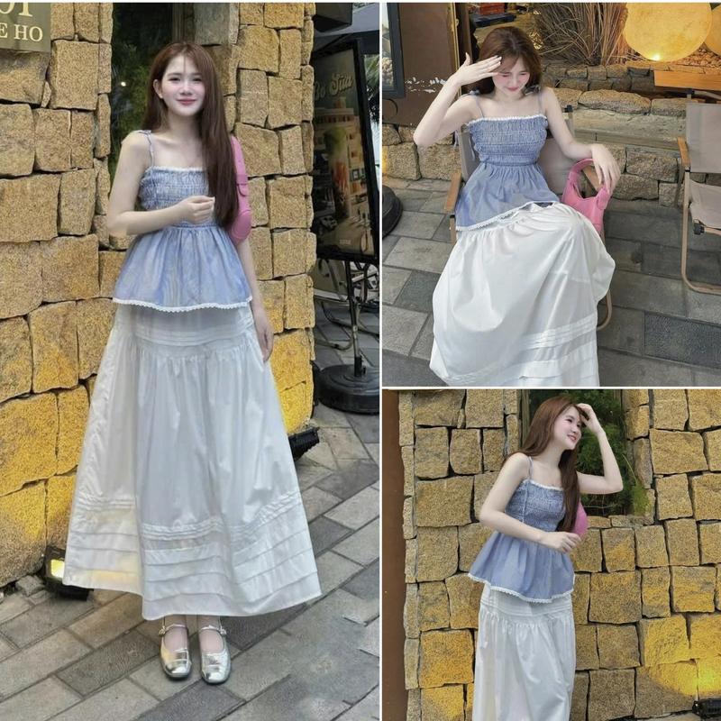  Sét đồ nữ áo hai dây kẻ sọc chạy mocking phối viền ren kèm chân váy lụa dáng xòe dài có lót cực xinh Women 