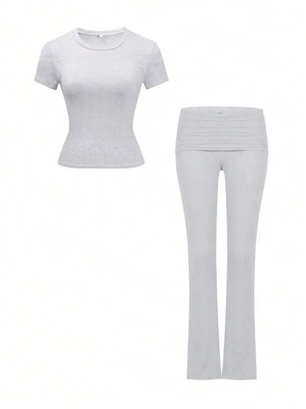 Two-piece Set Women's Solid Crop Top & Flare Leg Pants, Casual Fashion Cozy Round Neck Top & Bell Bottom Trousers for Daily Outdoor Wear, Ladies Clothes for Summer 7