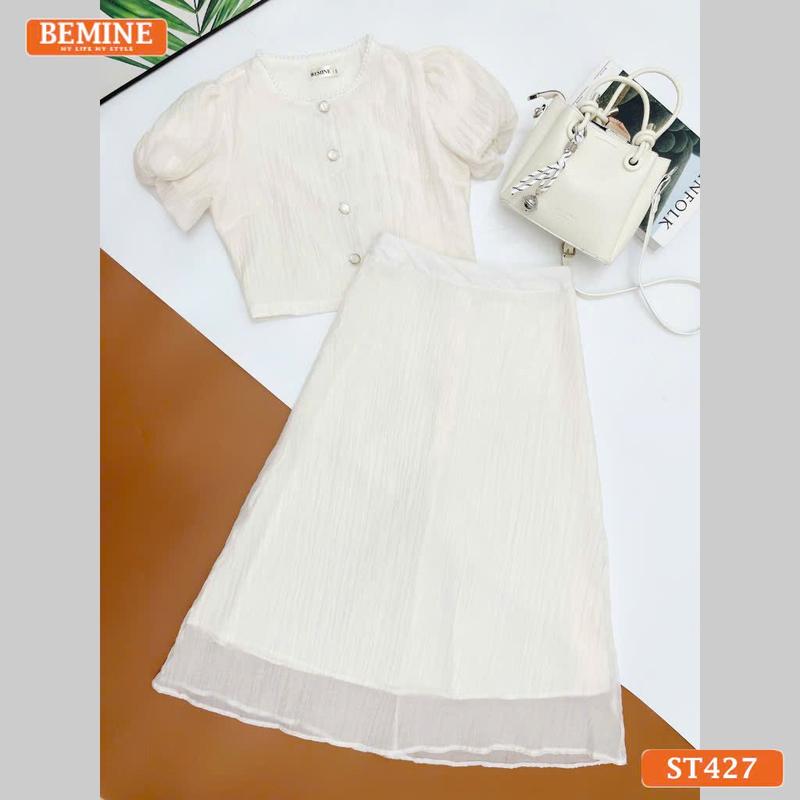 Set thiết kế tơ voan BEMINE áo cổ tròn đính cúc chân váy dài phù hợp đi chơi-ST427