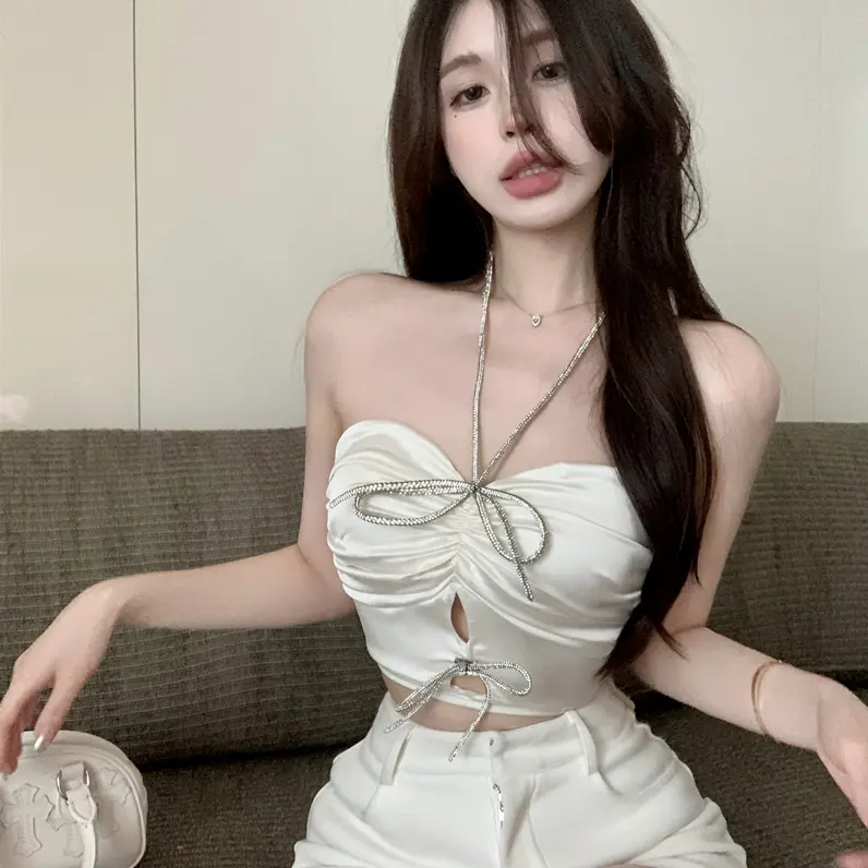 Pure Sexy Hot Girls Top Bow rỗng treo Vest mùa hè sexy phụ nữ treo cổ mỏng không tay áo Women