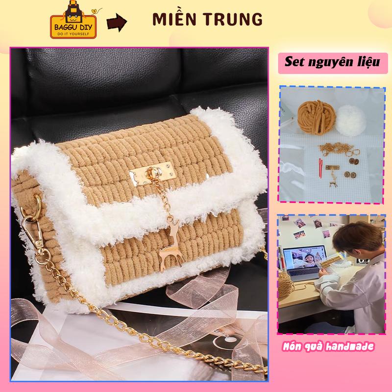 Set Nguyên Liệu Tự Đan Túi, Bộ Nguyên Liệu Handmade, Tự Làm Túi Tặng Bạn Gái, Đầy Đủ Phụ Kiện Len, Khoen, Mác, Dây Đeo, Đa Dạng Màu Sắc (19cm×13cm×5cm), Kèm Video Hướng Dẫn Chi Tiết BAGGU DIY A01 Tote Kem