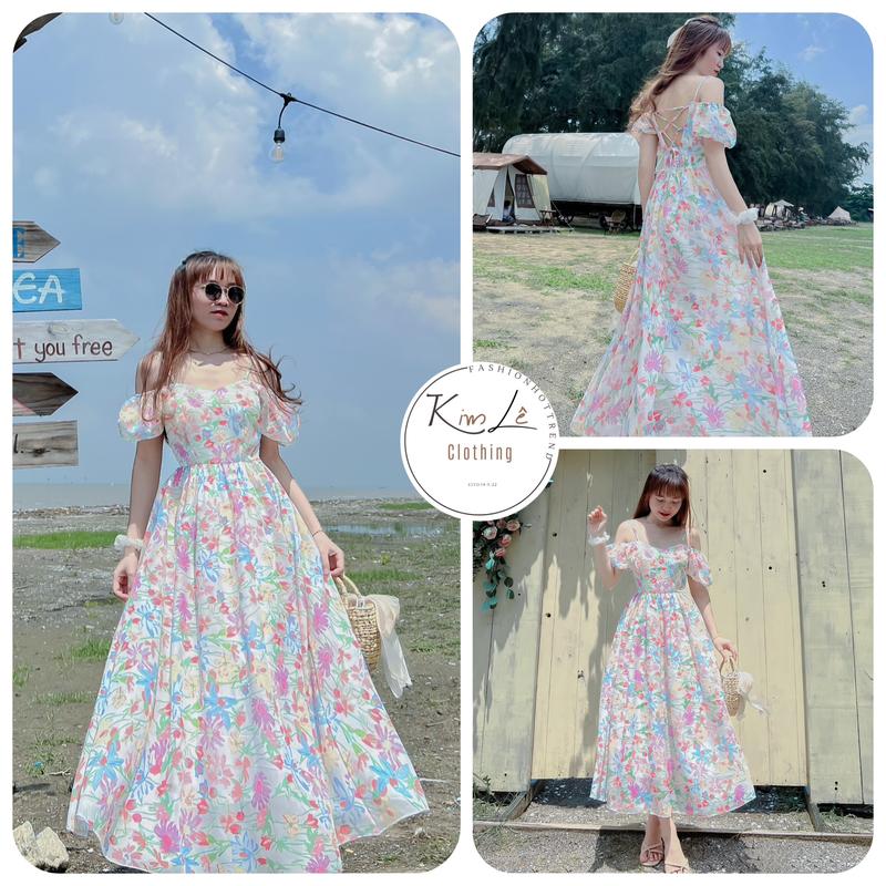 [FREESIZE] Đầm Maxi Màu Mộng Mơ Hở Lưng Đan Dây Tay Phồng Trễ Vai Nàng Thơ ( có mút) Chất : VOAN (có lót) Nữ Dress Nữ Dress