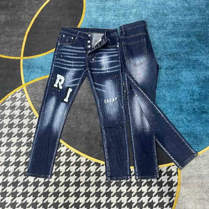 Quần jeans ami xanh thêu chữ da chéo đùi, 4 cúccc hàng saleee