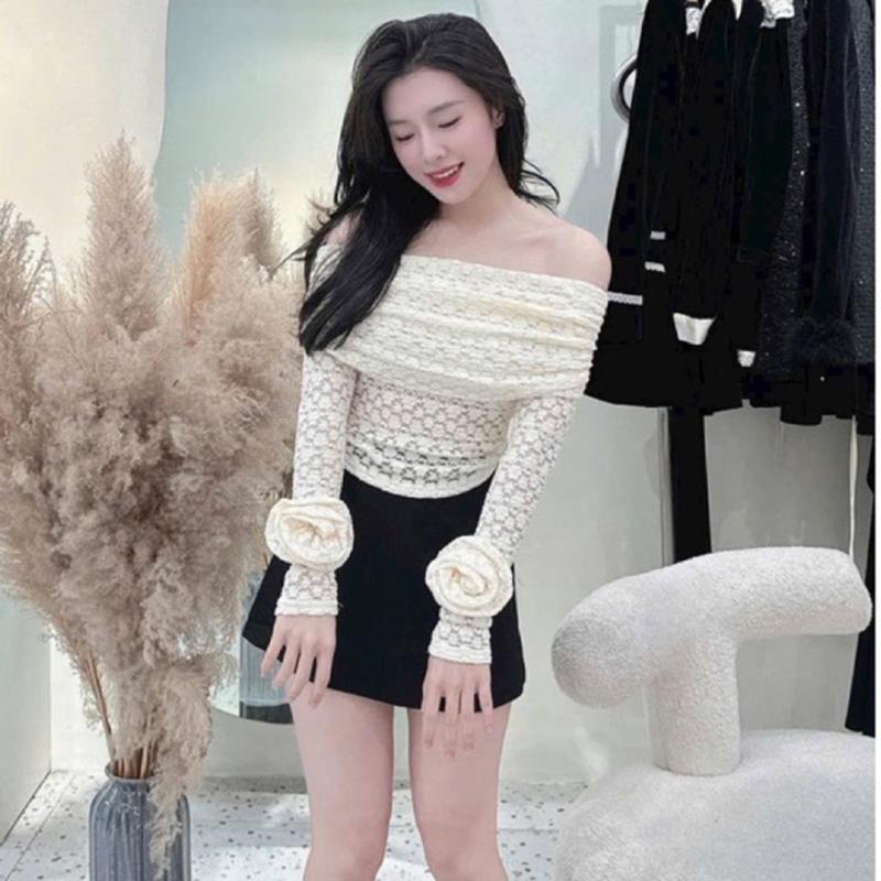 Áo trễ vai ren tay hoa hot _ Áo ren trễ vai tay đính hoa sang sịn 2