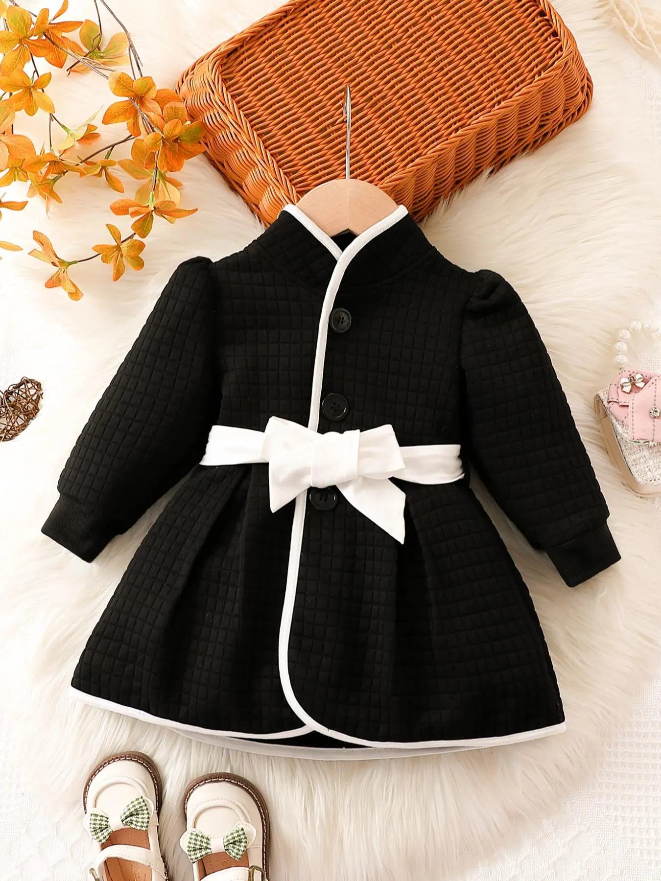 Baby's Colorblock Contrast Binding Belted Dress, Elegant Button Front Puff Sleeve A Line Dress, Baby Girls Fall Winter Jacket Coat Long Sleeve Buttons Warmly Dress Coats Outfit Clothes