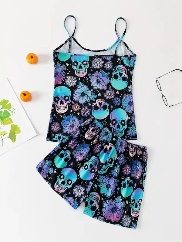 Two-piece Set Women's All Over Skull & Floral Print Pyjama Set, Casual Sleeveless Cami Top & Elastic Waist Shorts, Ladies Sleepwear Loungewear for All Seasons, Halloween Pajamas, Pajama Sets Women, Matching Sets 4