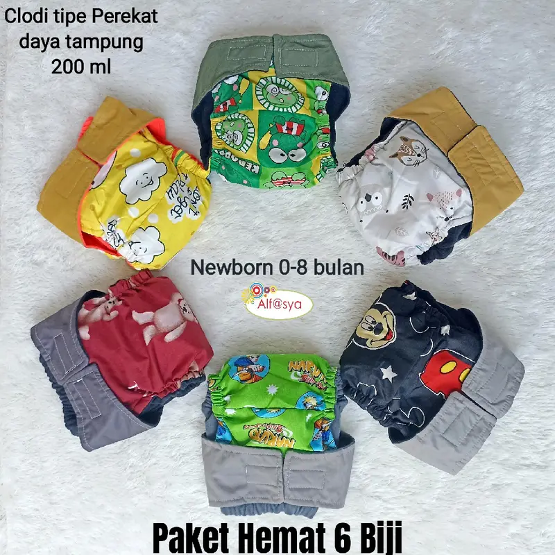 Popok Tipe Perekat Paket 6 Biji, Popok Cuci ulang NewBorn 0-8Bulan Clodi termurah 0