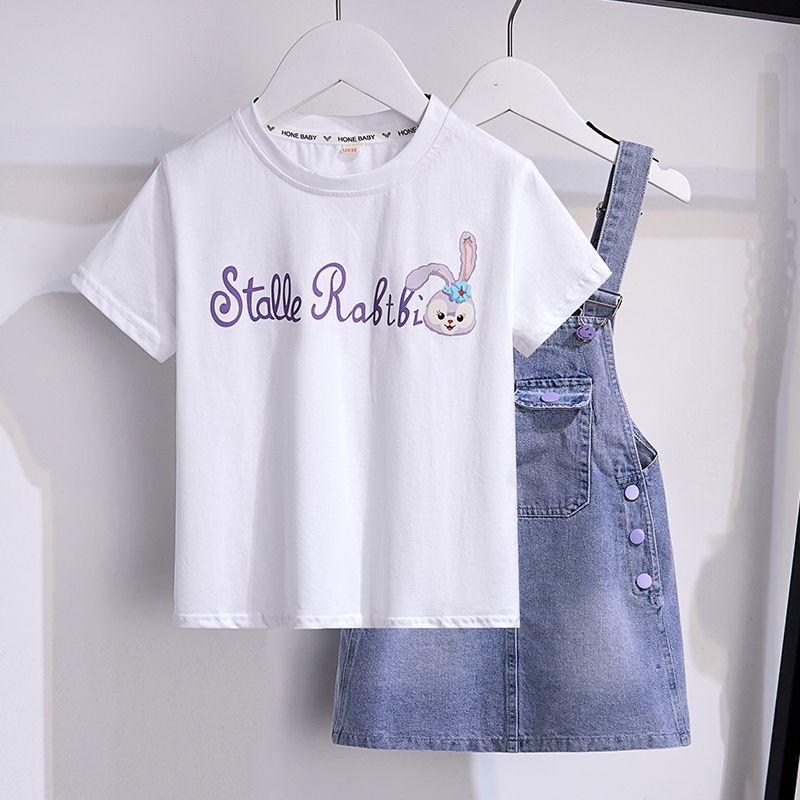 Bộ Váy Denim Cho Em Bé Cho Bé Gái, Hàng Mới Về Mùa Hè 2024, Dành Cho Trẻ Em Trung Bình Và Lớn, Áo Ngắn Tay Hoạt Hình Yang Pai, Váy StellaLou 1