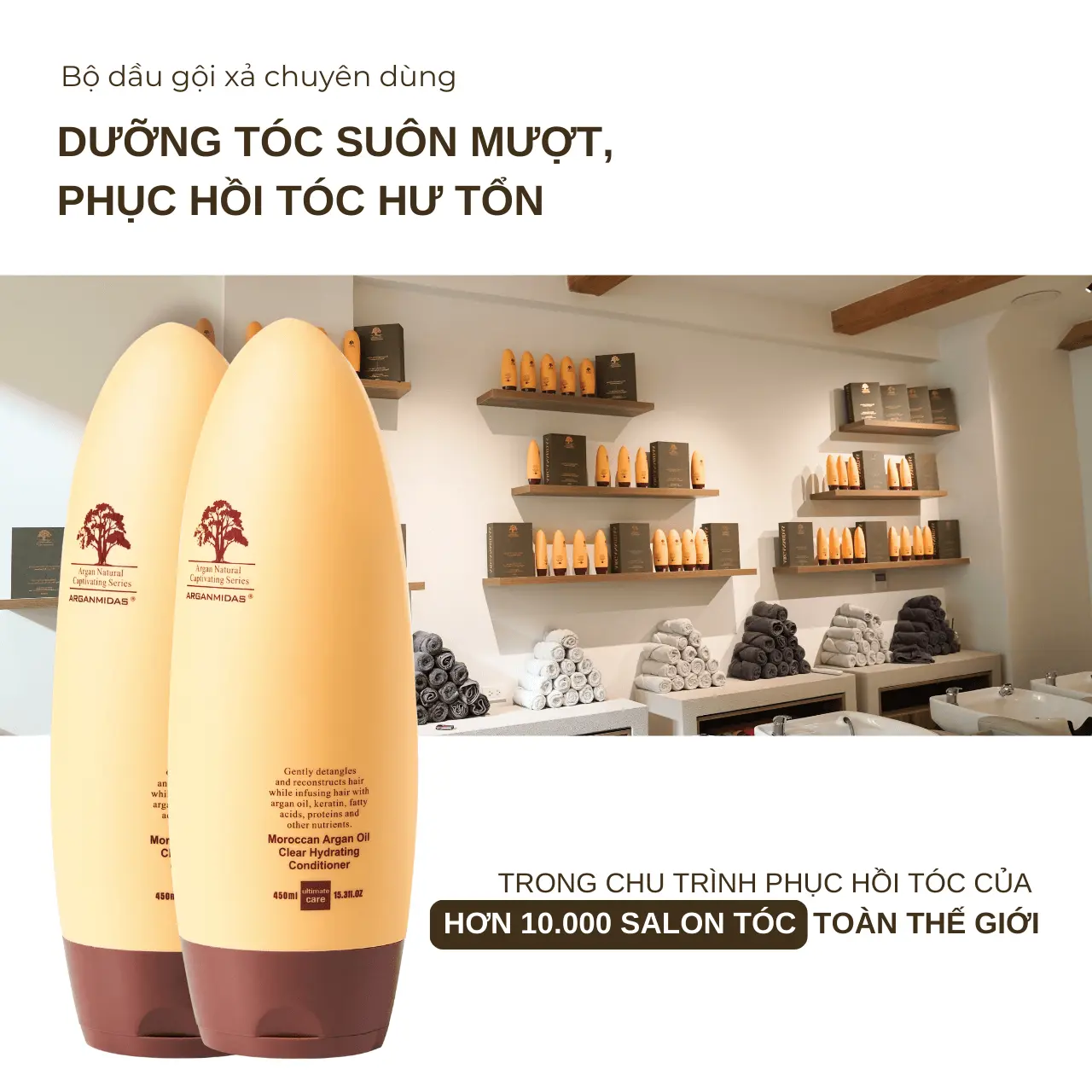 Bộ Dầu Gội Dầu Xả Dưỡng Tóc Suôn Mượt, Phục Hồi Hư Tổn 450ml Thương Hiệu Quốc Tế ARGANMIDAS Chăm Dưỡng Tóc Bóng Khoẻ 450ml
