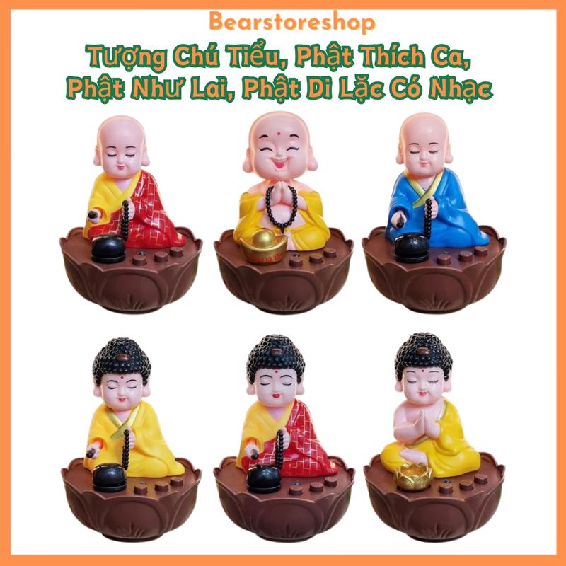 Tượng Chú Tiểu Gật Đầu Có Nhạc Và Đèn Gõ Mõ Tụng Kinh Kèm Sạc Type-C Decor Bàn Thờ Và Taplo Ô Tô