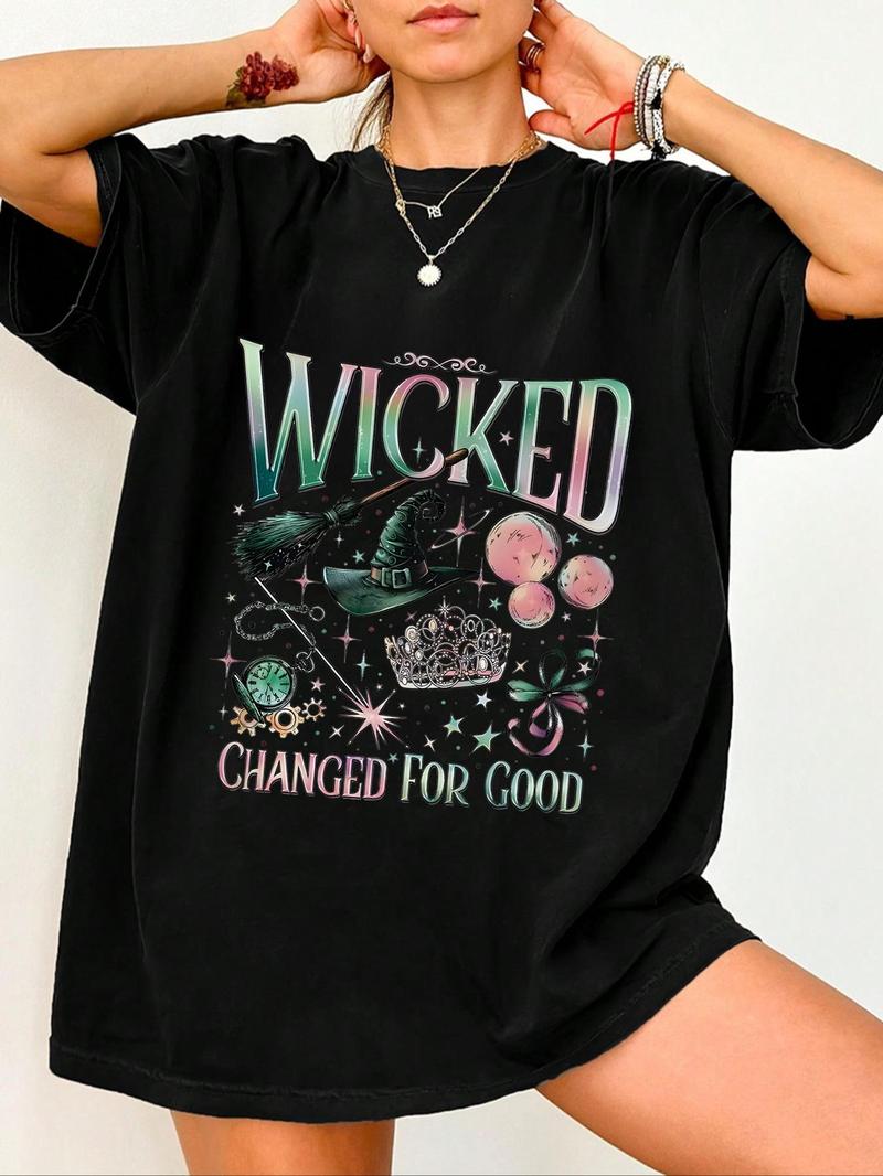 Product Introduction of Women's Wicked Witch & Letter Round Neck Graphic Tee, Trendy Apparel, Fashion Casual Graphic Print Half Sleeve T-shirt for Daily Wear, Ladies Clothing for All Seasons 4