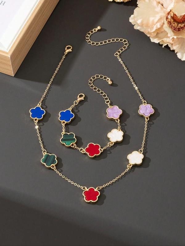 Flower Design Necklace & Chain Design Bracelet, Fashion Jewelry for Party, Daily Clothing Decor, Trendy All-match & Exquisite Jewelry for Birthday Gift 3