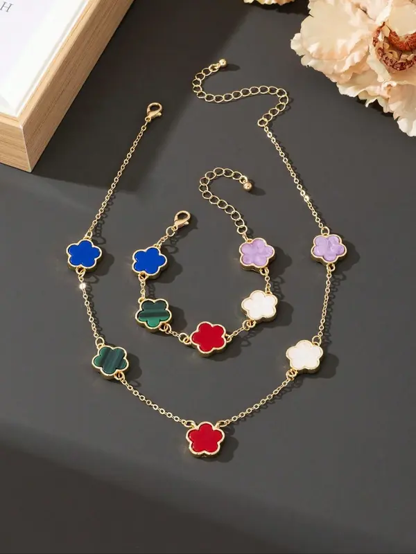 Flower Design Necklace & Chain Design Bracelet, Fashion Jewelry for Party, Daily Clothing Decor, Trendy All-match & Exquisite Jewelry for Birthday Gift 3