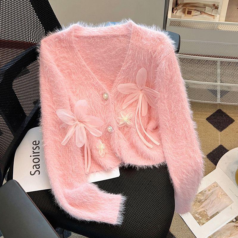 Áo Cardigan Dệt Kim Lông Chồn Giả, Ehnz, Thiết Kế Hoa Ba Chiều Ngọt Ngào, Dành Cho Nữ, Thích Hợp Cho Mùa Thu Và Mùa Đông, Cao Cấp, Thanh Lịch Và Sang Trọng, Áo Khoác Len 3