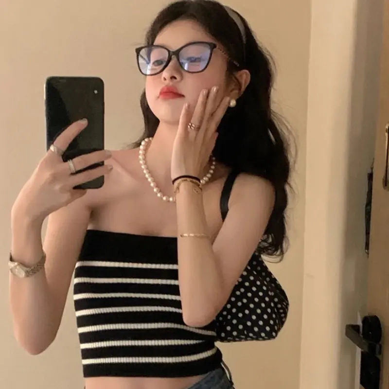 Women's Sleeveless Casual Vest, Horizontal Stripes Pattern Knitted Tank Fashion Tops, Ladies Slim-Fit Strapless Camisole