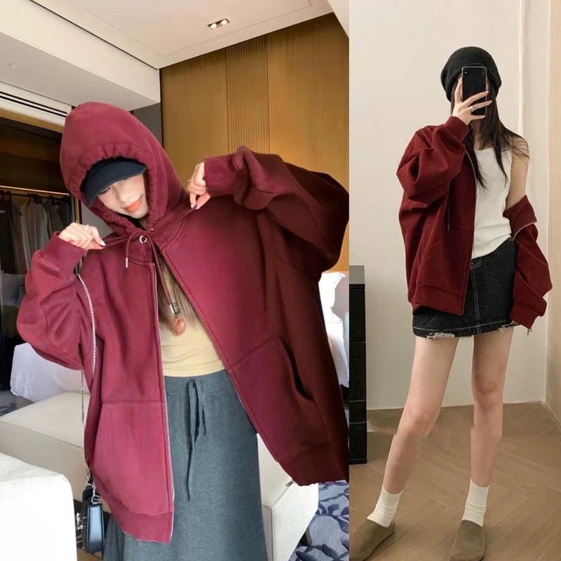 Áo khoác nỉ trần nhung trơn chất dày lì form thụng nam nữ Top Women Hoodie