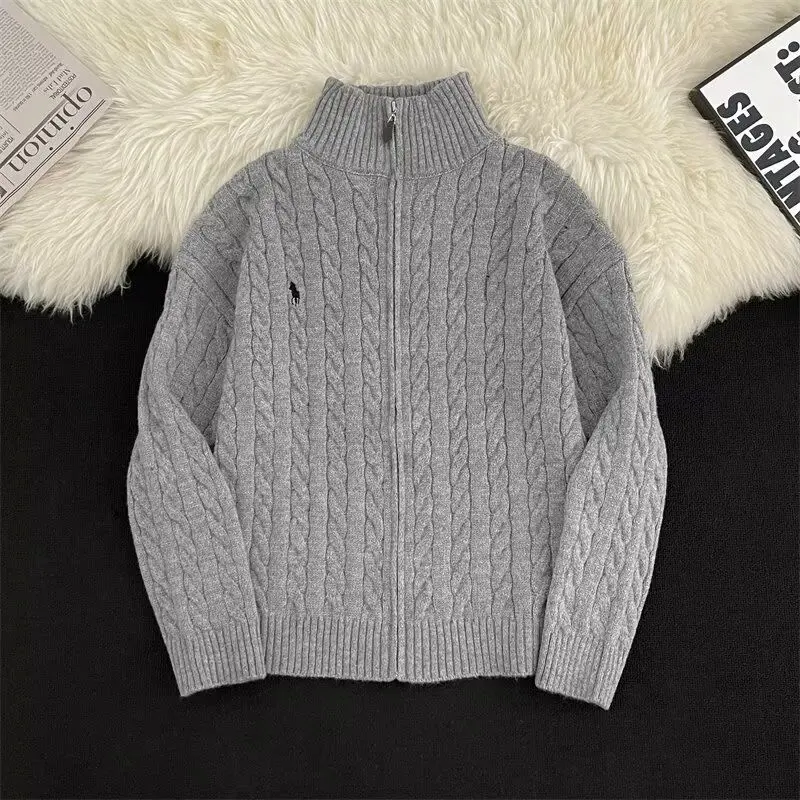 Áo Len Cardigan Cáp Kẻ Sợi Lười, Cao Cấp, Dành Cho Nam Giới, Phong Cách Thu Đông, cổ lọ thấp, Có Khóa Kéo, Phong Cách Hàn Quốc, Áo Khoác Cặp Đôi Thường Ngày Menswear Xám Kem