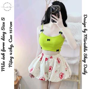 Set Phối 2 Món Nữ MiriahluShop, Áo Croptop 2 Dây Borip Đính Nơ Kèm Quần Bí Kate Phồng Hoạ Tiết Women Kem