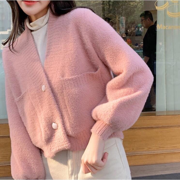 Áo khoác len cardigan , áo khoác len nữ len lông thỏ màu kem màu đen tay bồng cổ V 2 cúc vải QCCC Loại 1 mịn tay
