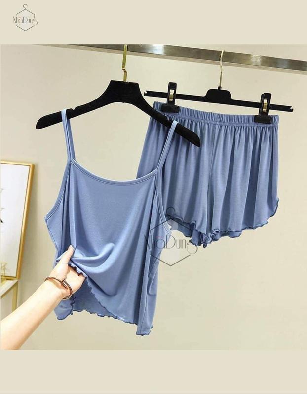 Bộ đồ ngủ mặc nhà thiết kế 2 dây trơn vải thun cotton co dãn 4 chiều kiểu dáng sexy Nhã Dung Store dưới 65kg Áo Xanh Dương Nữ Women Cổ Tròn Top Quần Ngủ