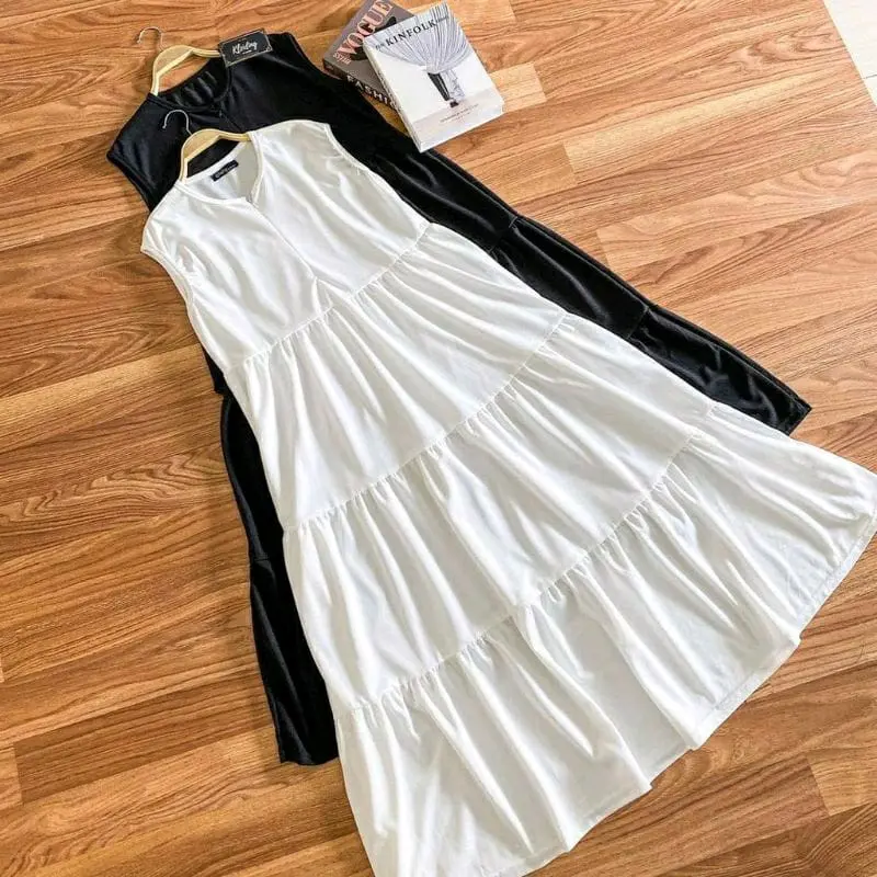 gamis canda susun tanpa lengan busui Dress Hitam Putih