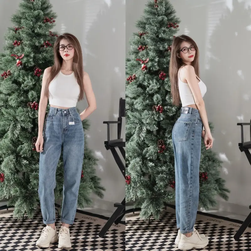 (VẢI QC-CAO CẤP) Quần Baggy Jean Nữ Kiểu Dáng Trơn Thêu Nơ Lưng Cao Vải Không Co Giãn Chất Mềm 2