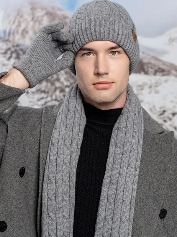Men's Solid Color Knit Hat & Scarf & Gloves Set, Casual Warm Three-piece Knitwear Set for Fall & Winter, Fashion Accessories for Men 4