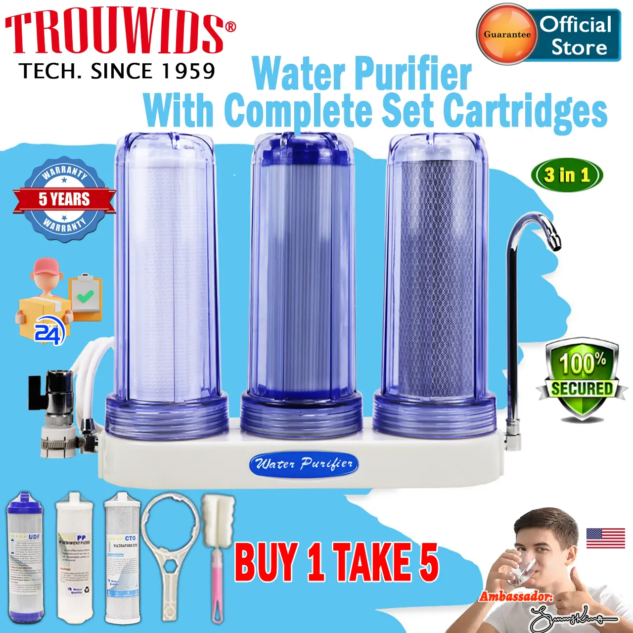 TROUWIDS Faucet Water Filter Purifier With 3 Stages Filter Cartridge Complete Set