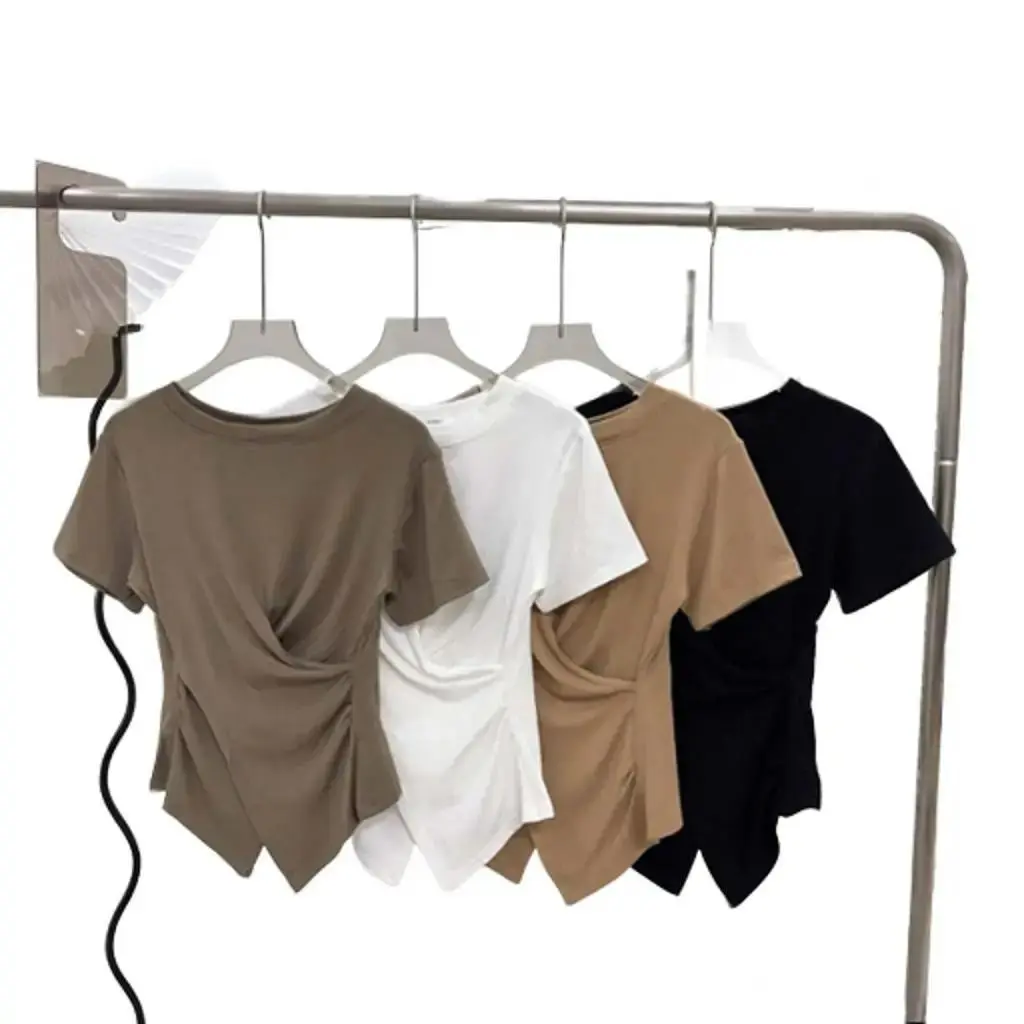 Áo Thun Xoắn Eo Cổ Tròn, Áo Cộc Tay Vạt Chéo Nữ Women