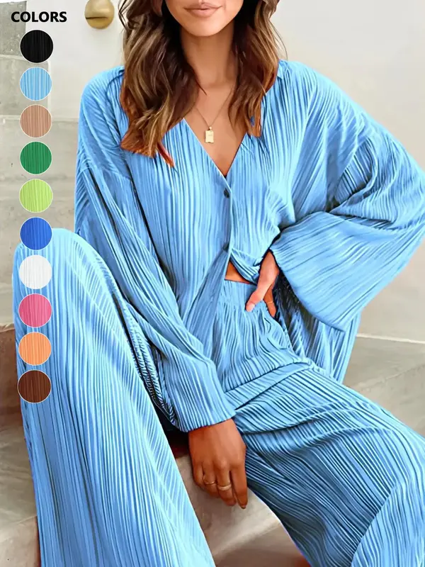 Women's Solid Textured Button Front Top & Flare Leg Pants Set, Casual Long Sleeve Top & High Waist Trousers, Women's Spring & Fall Clothes, Womenswear 5