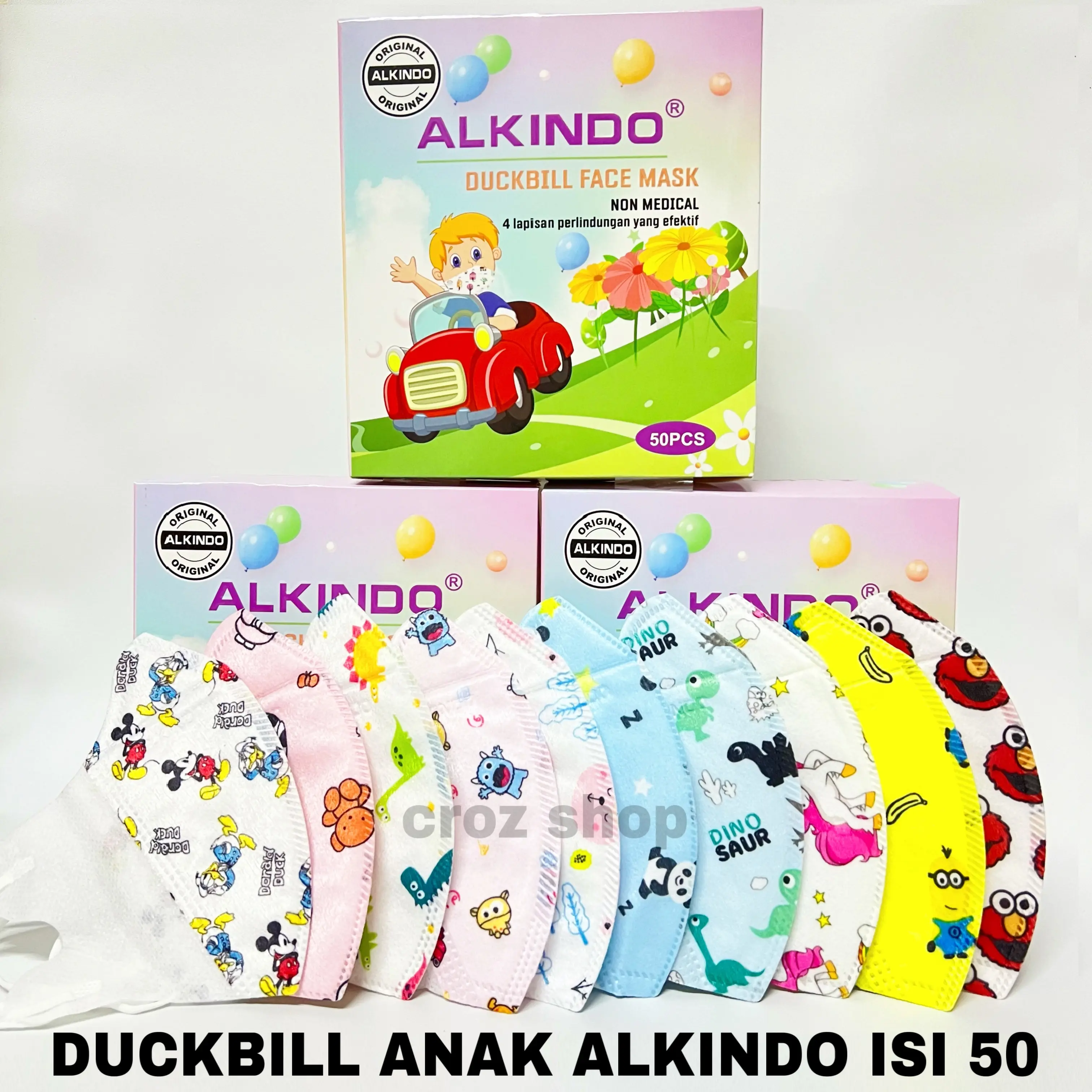 Masker Duckbill Anak Alkindo Mix Motif Lucu 50 pcs Emboss Face Mask