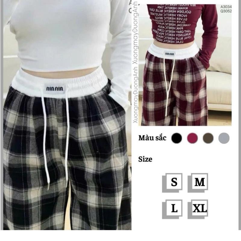 Quần Kẻ Caro Ống Rộng Phối Cạp Trắng Quần Suông Nữ Chất Dạ Mềm Dày Dặn Co Dãn Phong Cách Trẻ Trung Cho Nữ