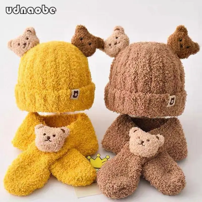 Winter Thick Baby Bear Hat Children'S Cartoon Cute Solid Color Plush Warm Knitted Hat Scarf Set -Udn