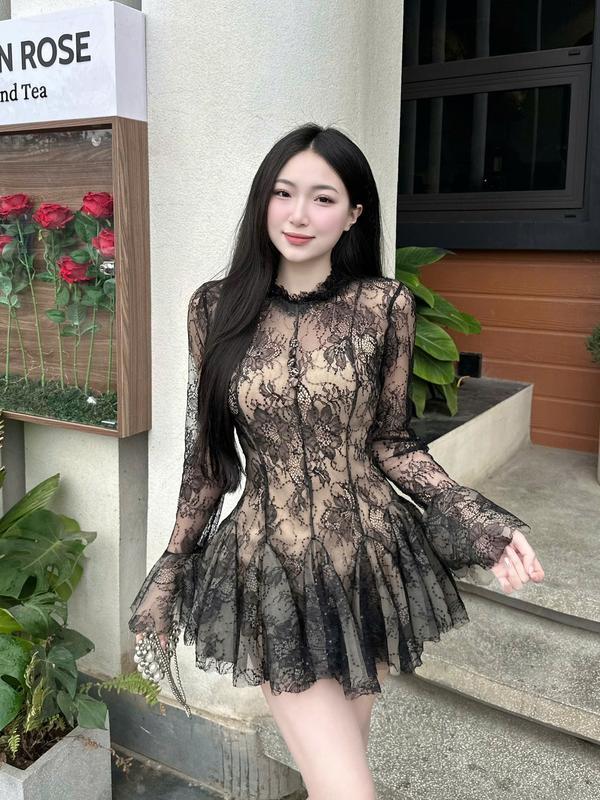 [CÓ SẴN] Váy ren tay loe dáng xoè bồng đính kim sa thời trang nữ Women Dress TGS05 3