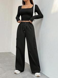 Women's Solid Square Neck Crop Top & Pants Two-piece Set, Casual Fashion Cozy Top & Wide Leg Trousers for Daily Outdoor Wear, Women's Clothing for Spring & Fall