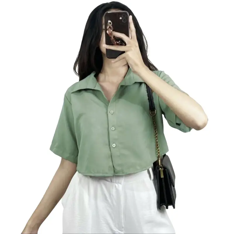Kemeja Crop Wanita Lengan Pendek Korean Outfit Style Bahan Shakila Twill 5