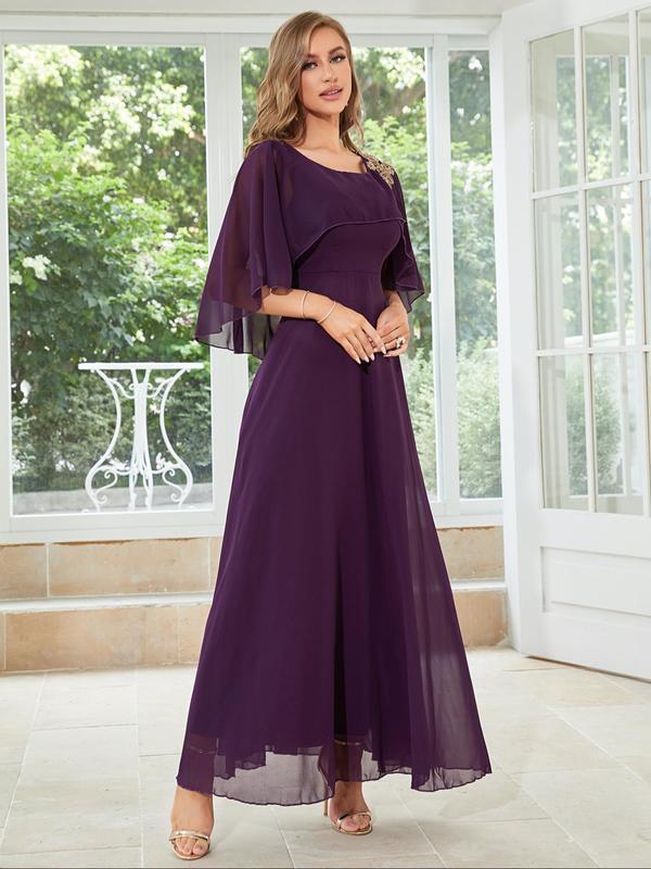 Women's Plain Cloak Sleeve Chiffon Evening Dress, Dresses Summer, Elegant Round Neck Half Sleeve Dress for Prom Wedding Guest, Ladies Summer Clothes 7