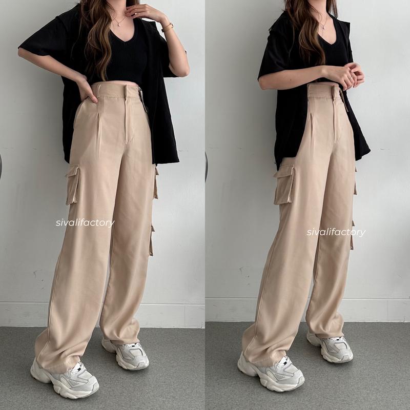 SIVALI Bonnie Cargo Pants - Highwaist Loose Cargo - Celana Kargo Wanita - Baggy Pants Panjang Polyester Kulot Casual Hitam Kantor Kantor Formal Kerja Kerja Kerja Basic Karet 6