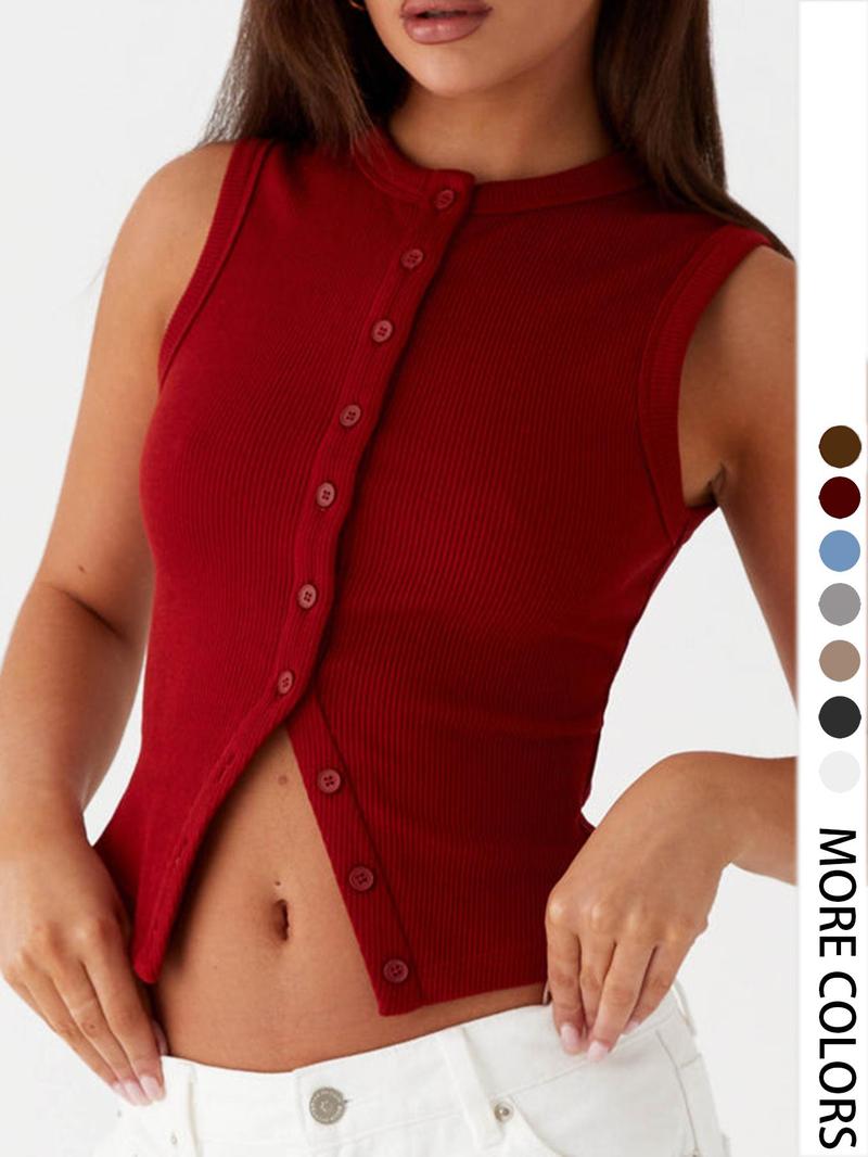 Product Introduction of Women's Plain Button Front Ribbed Tank Top, Casual Sleeveless Round Neck Top for Daily Wear, Ladies Clothes for All Seasons, Tank Tops for Women, Back to School Clothes, Girl Gifts, Loser Core Outfits Womenswear Tube 5