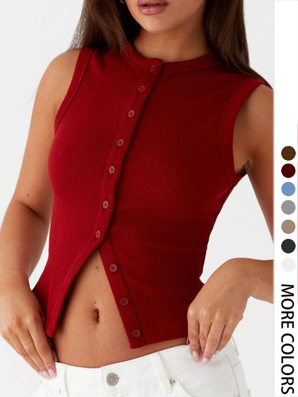 Women's Plain Button Front Ribbed Tank Top, Casual Sleeveless Round Neck Top for Daily Wear, Ladies Clothes for All Seasons, Tank Tops for Women, Back to School Clothes, Girl Gifts, Loser Core Outfits Womenswear Tube 3