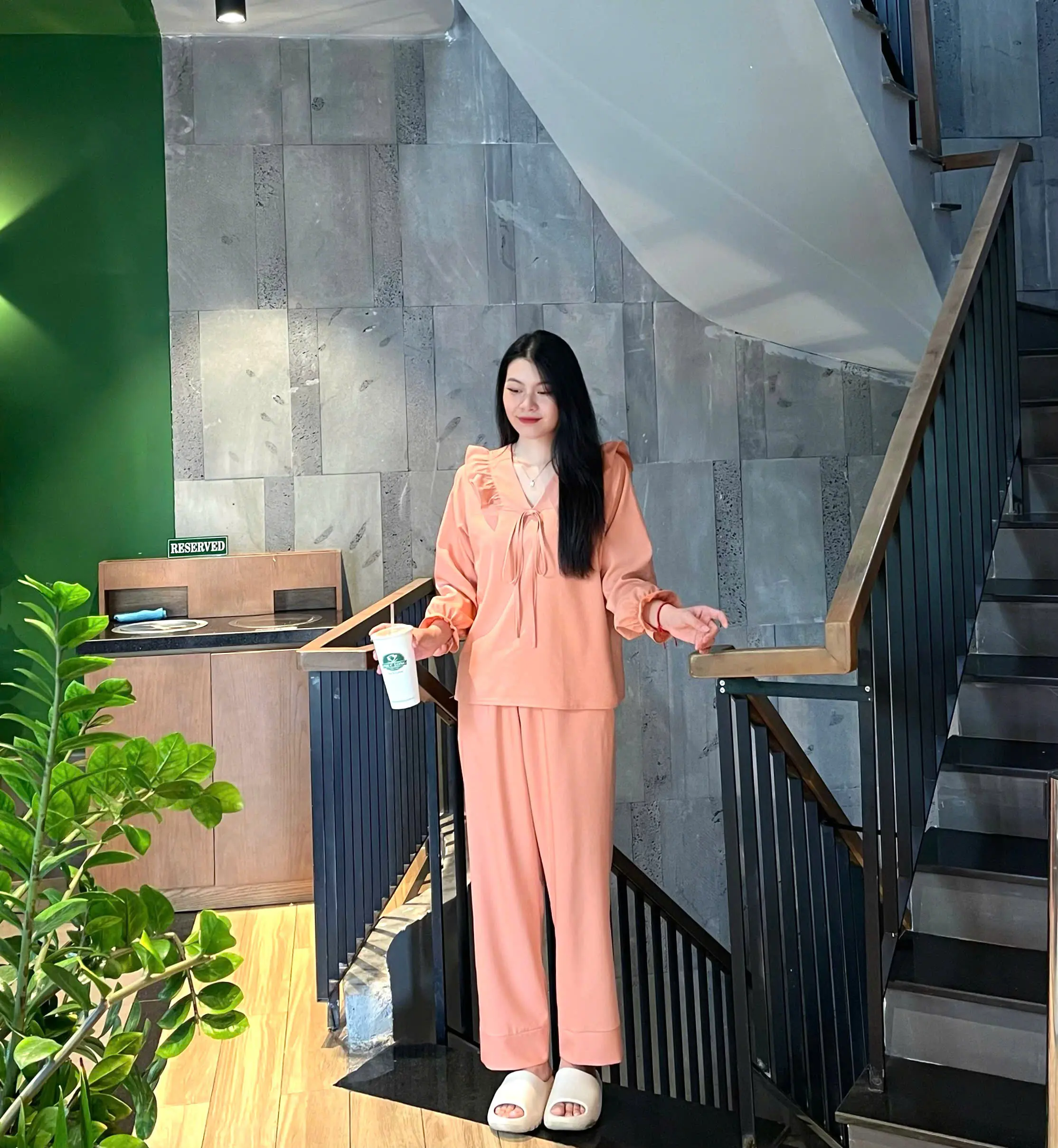 Bộ đồ Pijama nữ P41 áo và quần tay dài quần dài cổ phối bèo cột nơ xinh xắn Cực Kì dễ thương