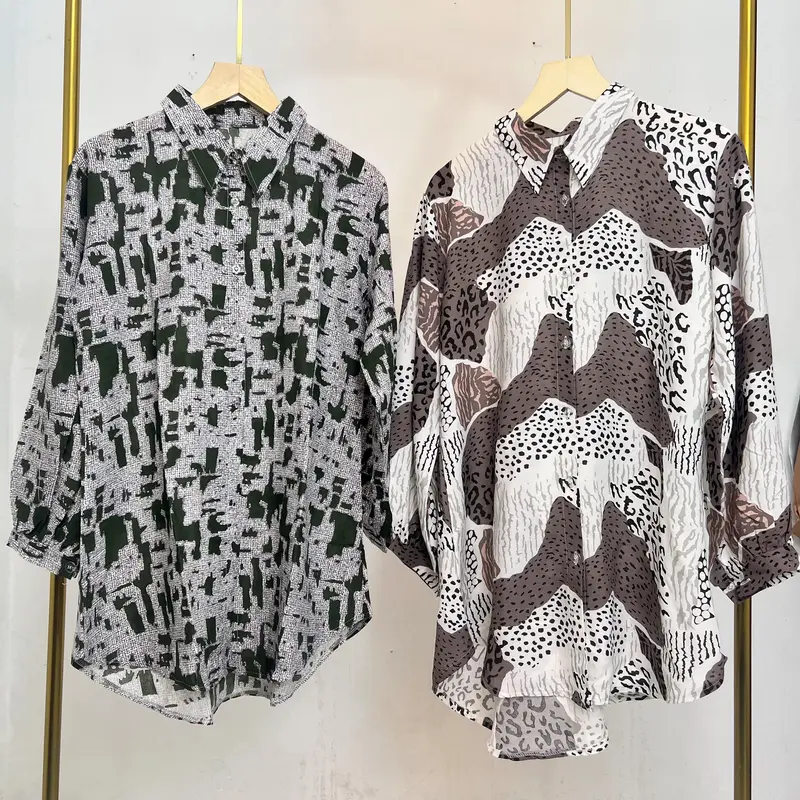Tunik Kemeja Rayon Motif Diamond Kancing Baju Fit Tangan Balon Panjang 1