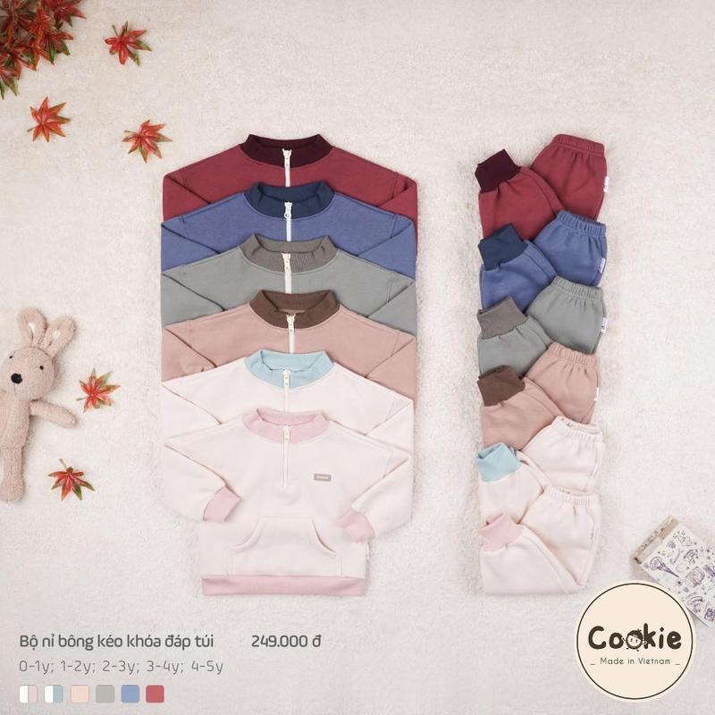 Bộ Quần Áo Cookie Hoodie Kéo Khóa Cho Bé Size Từ 0-1Y Đến 4-5Y , Chất Liệu Nỉ Bông