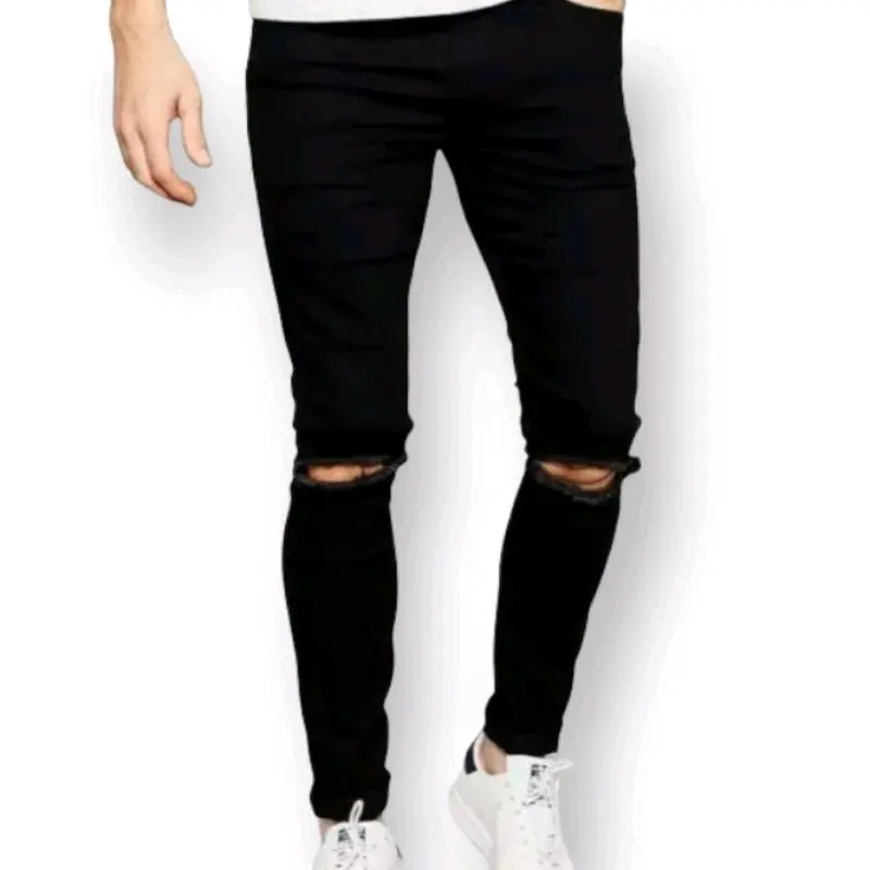 Celana jeans pria sobek lutut Slim-fitting Lembut Panjang Ripped