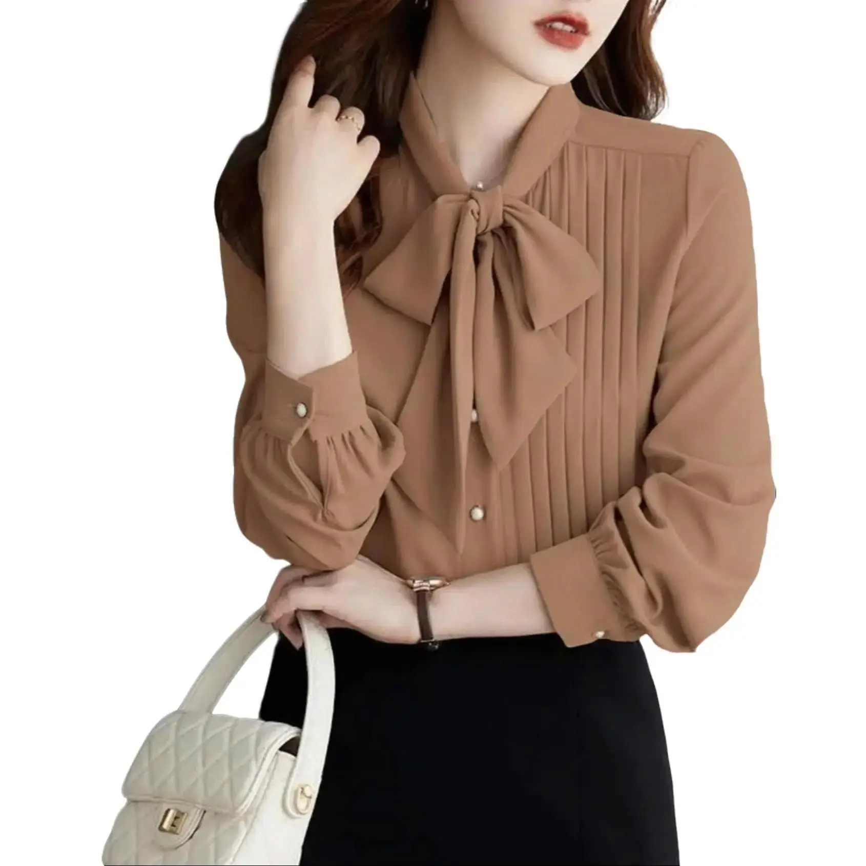 Áo Kiểu Sơ Mi Chất Tơ GÂN GÂN Cột Nơ Xếp Li Tay Dài Sang Chảnh ÁO KIỂU CÔNG SỞ