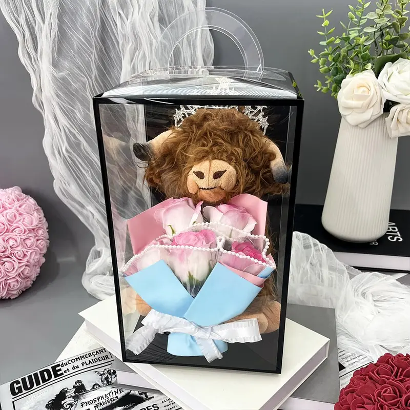 Highland Cow Plush Toy with Artificial Rose Bouquet, 1 Set Cute Plush Toy, Home Decor Ornament, Gift for Your Love 6